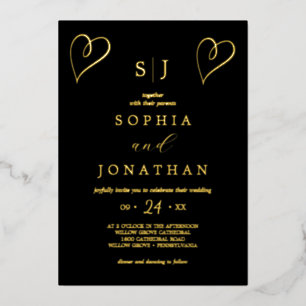 Romantic Gold Foil Black Monogram Wedding Invitation