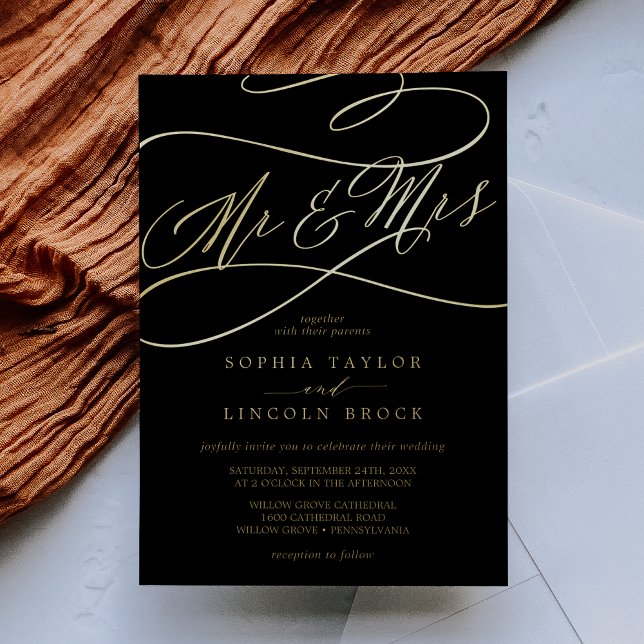 Romantic Gold Foil | Black Mr & Mrs Wedding Invitation (Creator Uploaded)