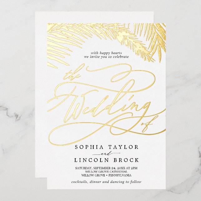 Romantic Gold Foil | Black Palm All In One Wedding Invitation (Front/Back)