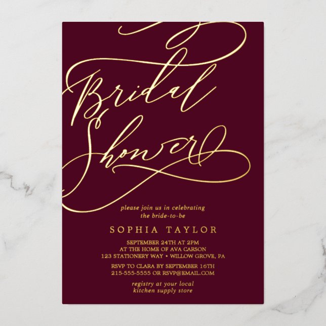 Romantic Gold Foil | Burgundy Bridal Shower Foil Invitation (Front)