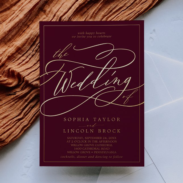 Romantic Gold Foil | Burgundy Frame Wedding Invitation (Creator Uploaded)
