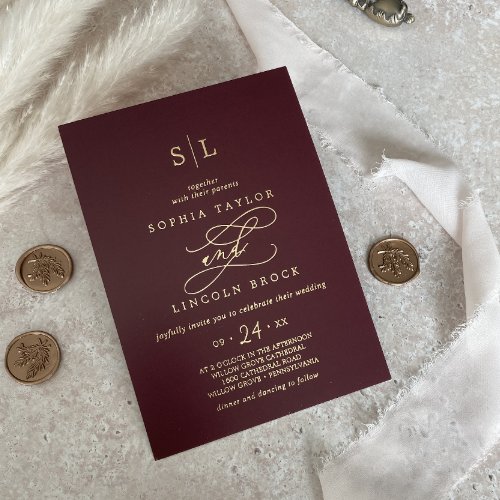 Romantic Gold Foil  Burgundy Monogram Wedding Foil Invitation