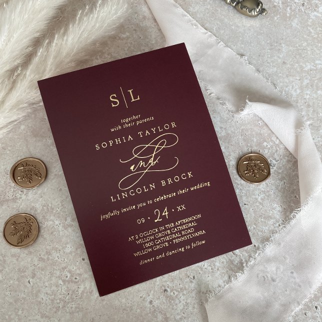 Romantic Gold Foil | Burgundy Monogram Wedding Foil Invitation (Creator Uploaded)