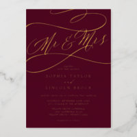 Romantic Gold Foil | Burgundy Mr & Mrs Wedding Foil Invitation