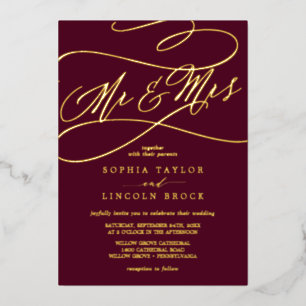 Romantic Gold Foil   Burgundy Mr & Mrs Wedding Foil Invitation