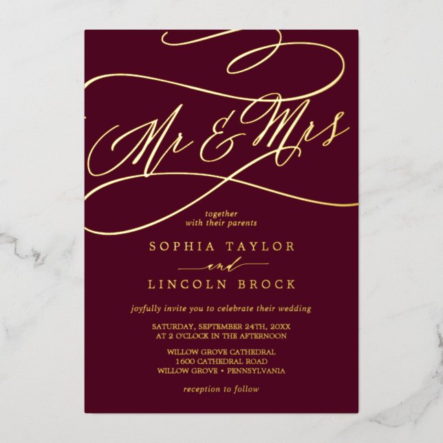 Romantic Gold Foil | Burgundy Mr & Mrs Wedding Foil Invitation (Front)