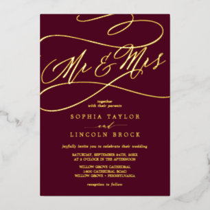 Romantic Gold Foil   Burgundy Mr & Mrs Wedding Invitation