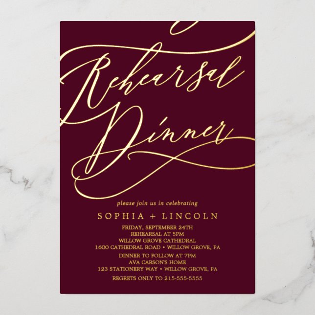 Romantic Gold Foil | Burgundy Rehearsal Dinner Foil Invitation (Front)
