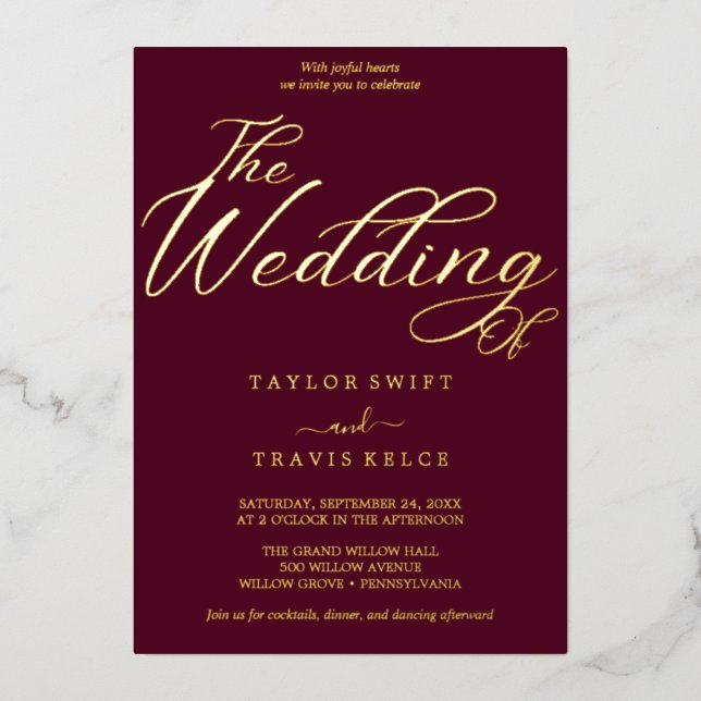 Romantic Gold Foil | Burgundy Wedding  Foil Invitation (Front)
