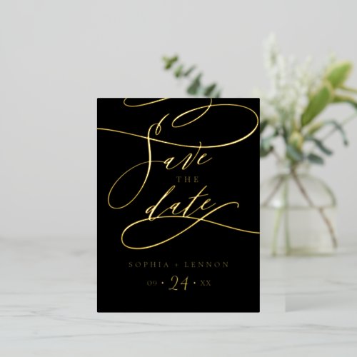 Romantic Gold Foil Calligraphy Black Save the Date Foil Invitation Postcard