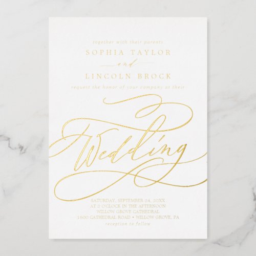 Romantic Gold Foil Calligraphy  Flourish Wedding Foil Invitation