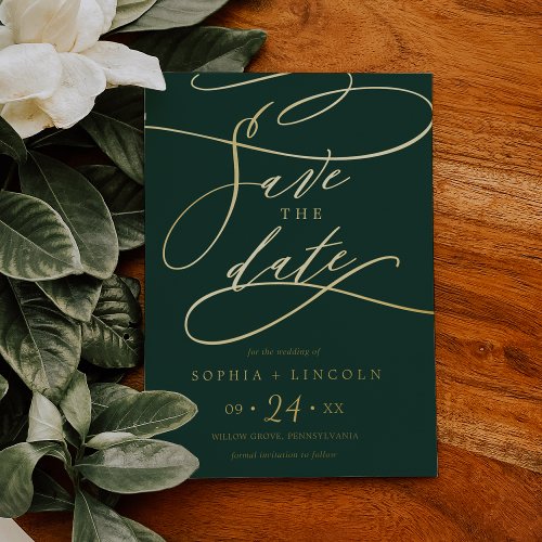 Romantic Gold Foil Calligraphy Green Save The Date Foil Invitation