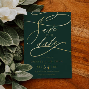 Romantic Gold Foil Calligraphy Green Save The Date Invitation