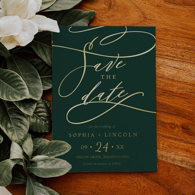 Romantic Gold Foil Calligraphy Green Save The Date Invitation (Creator Uploaded)