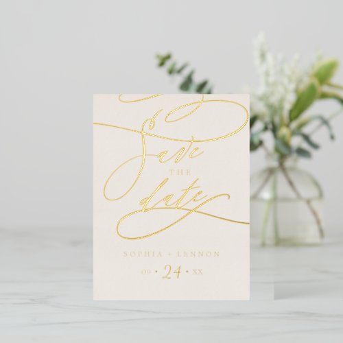 Romantic Gold Foil Calligraphy Ivory Save the Date Foil Invitation Postcard