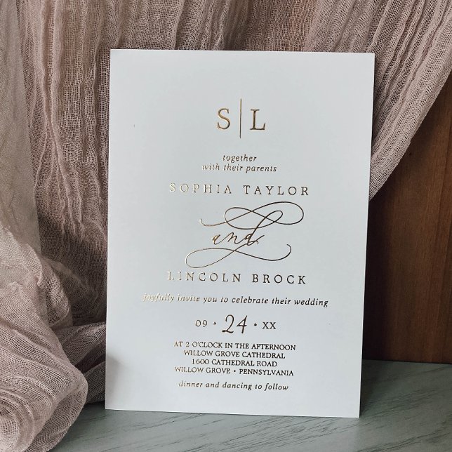 Romantic Gold Foil Calligraphy Monogram Wedding Invitation (Creator Uploaded)