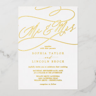 Romantic Gold Foil Calligraphy Mr & Mrs Wedding Foil Invitation