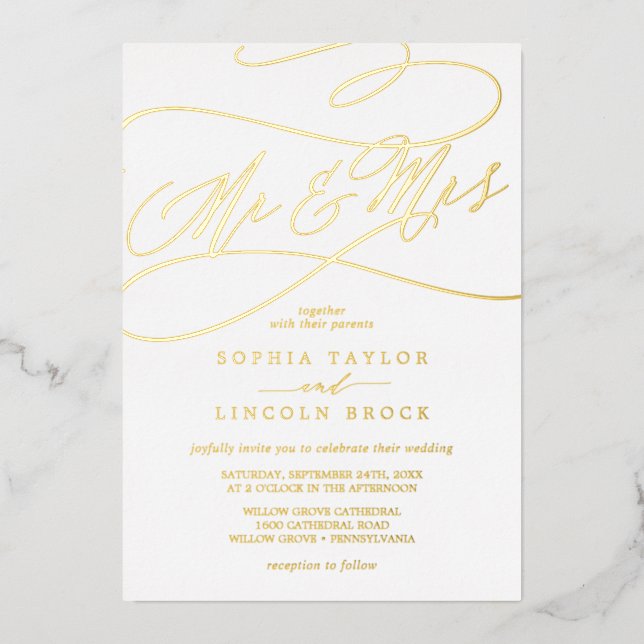 Romantic Gold Foil Calligraphy Mr & Mrs Wedding Foil Invitation (Front)