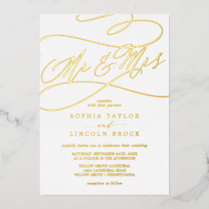 Romantic Gold Foil Calligraphy Mr & Mrs Wedding Invitation