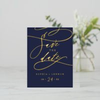 Romantic Gold Foil Calligraphy Navy Save the Date