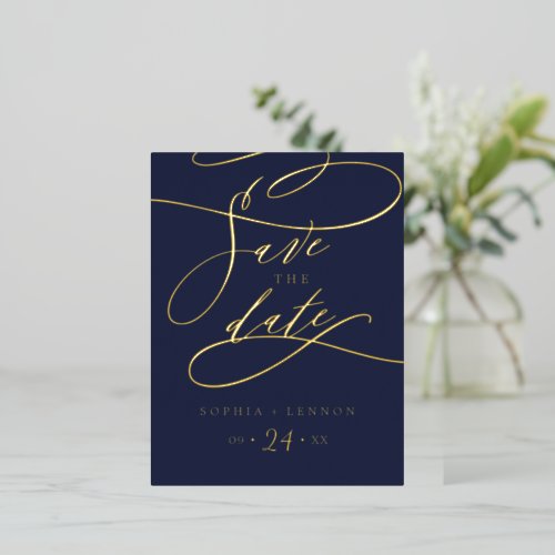 Romantic Gold Foil Calligraphy Navy Save the Date Foil Invitation Postcard