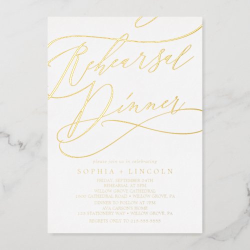 Romantic Gold Foil Calligraphy Rehearsal Dinner Foil Invitation