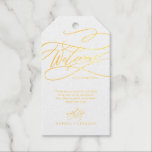 Romantic Gold Foil Calligraphy Wedding Welcome Foil Gift Tags<br><div class="desc">These romantic gold foil calligraphy flourish wedding welcome gift tags are perfect for a simple wedding. The modern classic design features fancy swirls and whimsical flourishes with gorgeous elegant hand lettered gold foil pressed typography. Personalize the tags with the location of your wedding, a short welcome note, your names, and...</div>