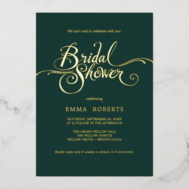 Romantic Gold Foil & Emerald Bridal Shower  Invitation (Front)