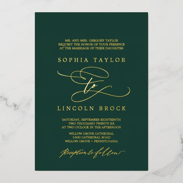 Romantic Gold Foil Emerald Flourish Formal Wedding Foil Invitation (Front)