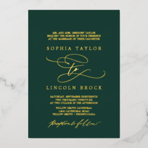 Romantic Gold Foil Emerald Flourish Formal Wedding Invitation