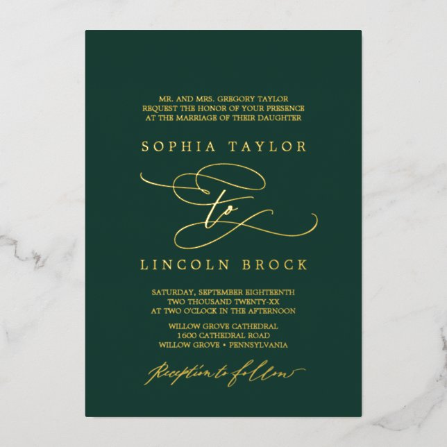 Romantic Gold Foil Emerald Flourish Formal Wedding Invitation (Front)
