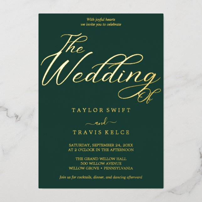 Romantic Gold Foil | Emerald Frame Wedding  Invitation (Front)