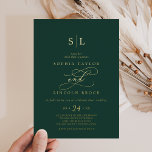 Romantic Gold Foil | Emerald Monogram Wedding Foil Invitation<br><div class="desc">This romantic gold foil emerald monogram wedding invitation is perfect for a simple wedding. The modern classic design features fancy swirls and whimsical flourishes with gorgeous elegant hand lettered gold foil stamped typography on a dark emerald green background.</div>