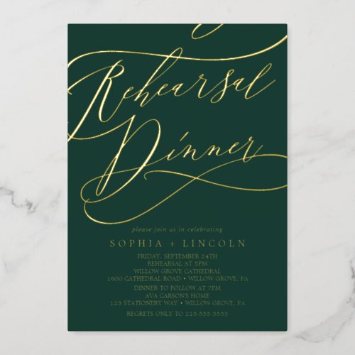 Romantic Gold Foil  Emerald Rehearsal Dinner Foil Invitation