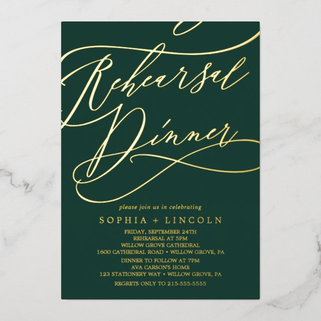 Romantic Gold Foil | Emerald Rehearsal Dinner Invitation (Front)
