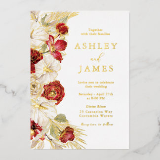 Romantic Gold Foil Floral Red Roses Wedding Foil Invitation