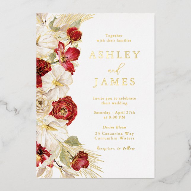 Romantic Gold Foil Floral Red Roses Wedding Foil Invitation (Front)