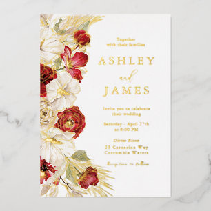Romantic Gold Foil Floral Red Roses Wedding Invitation
