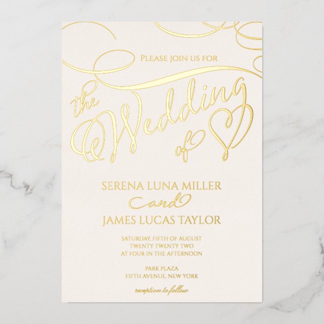 Romantic Gold Foil Flourish Calligraphy Wedding Invitation (Front)