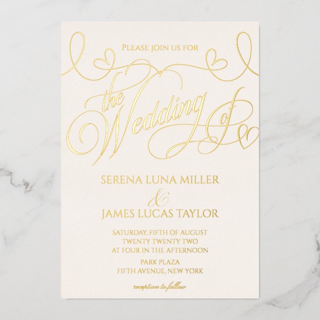 Romantic Gold Foil Flourish Calligraphy Wedding Invitation (Front)