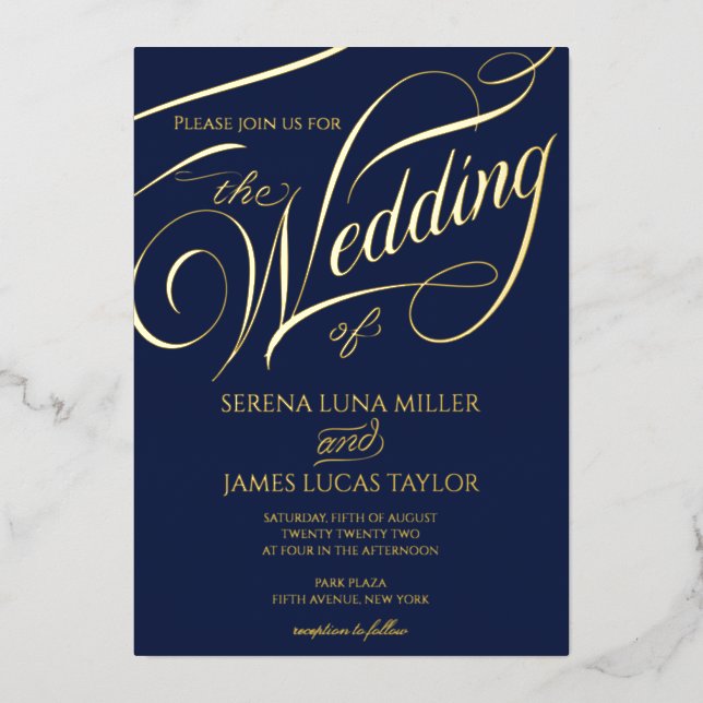 Romantic Gold Foil Flourish Calligraphy Wedding Invitation (Front)