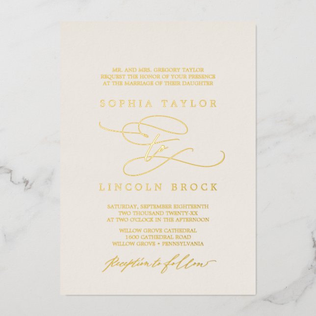 Romantic Gold Foil | Ivory Flourish Formal Wedding Foil Invitation (Front)