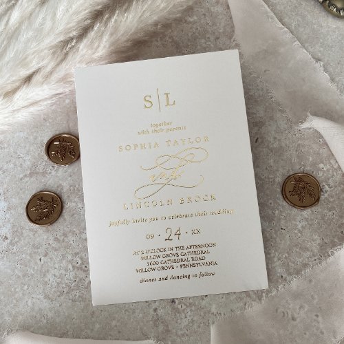 Romantic Gold Foil  Ivory Monogram Wedding Foil Invitation