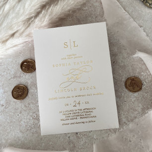 Romantic Gold Foil Ivory Monogram Wedding Invitation