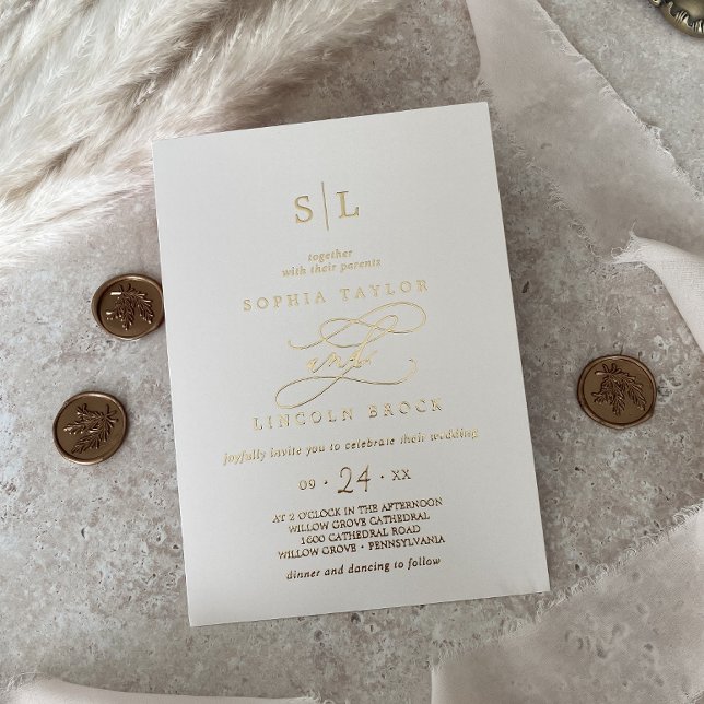Romantic Gold Foil | Ivory Monogram Wedding Invitation (Creator Uploaded)