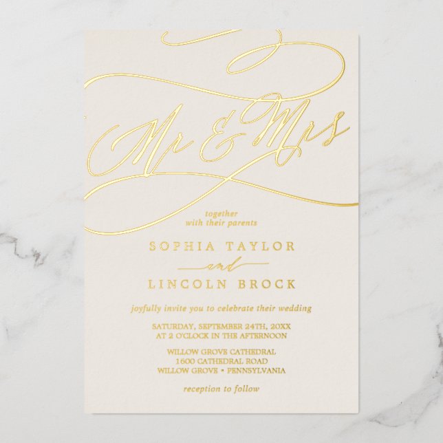 Romantic Gold Foil | Ivory Mr & Mrs Wedding Invitation (Front)
