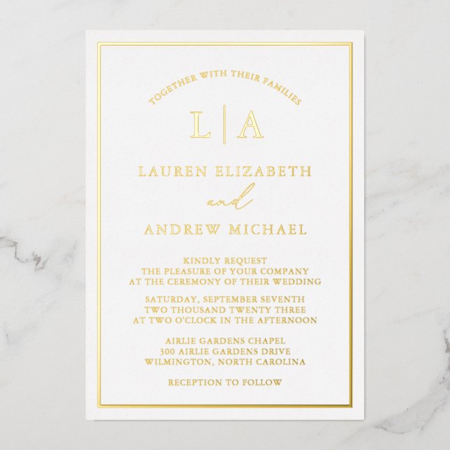 Romantic Gold Foil Monogram Border Wedding Foil Invitation (Front)
