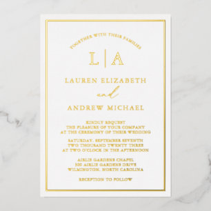 Romantic Gold Foil Monogram Border Wedding Invitation