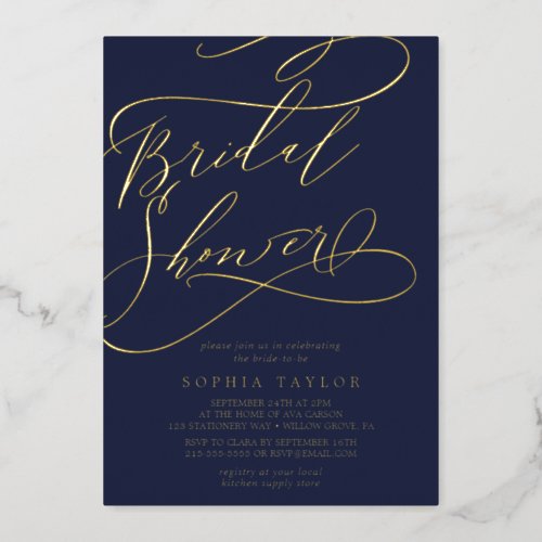 Romantic Gold Foil  Navy Blue Bridal Shower Foil Invitation