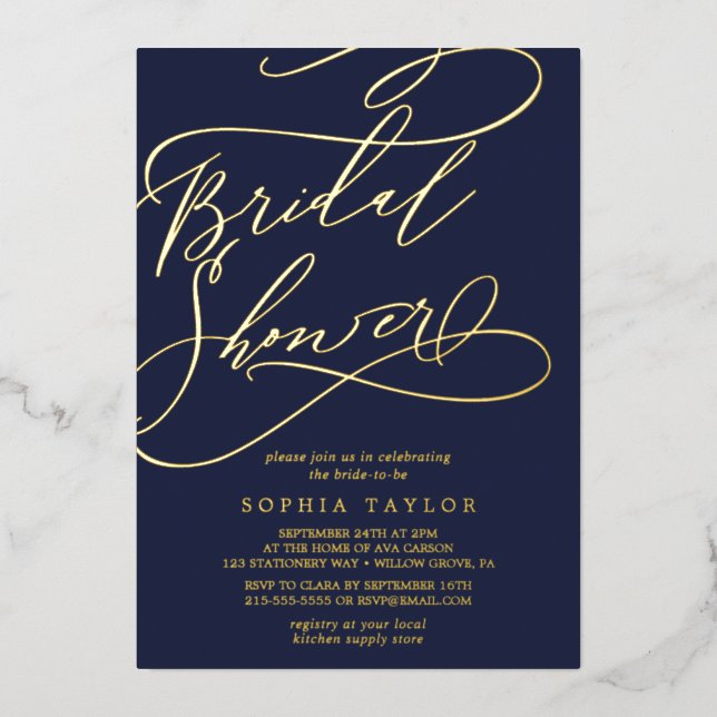 Romantic Gold Foil | Navy Blue Bridal Shower Invitation (Front)
